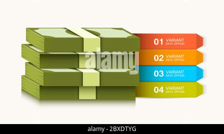 Modello di presentazione aziendale. Soluzioni o opzioni aziendali. Infografiche di denaro. Dollaro stack. Illustrazione vettoriale Illustrazione Vettoriale