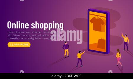 Promozione Shopping online. App per smartphone e personaggi in giro. Concetto di commercio del Internet. Illustrazione vettoriale. Illustrazione Vettoriale