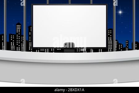 tavolo bianco e tv lcd nella sala studio news con città in sottofondo notturno Illustrazione Vettoriale