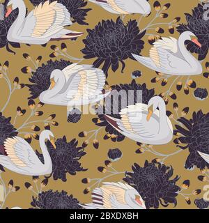 Splendido motivo naturale senza cuciture con cigni color pastello e splendidi crisantemi grandi. Illustrazione Vettoriale