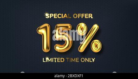 sconto 15 su promozione in palloncini d'oro 3d realistici. Numero in forma di palloncini d'oro. Modello per prodotti, pubblicità, web Illustrazione Vettoriale