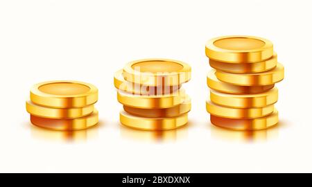 Crescente pila di monete d'oro isolato su sfondo bianco. Concetto di economia. Illustrazione vettoriale Illustrazione Vettoriale