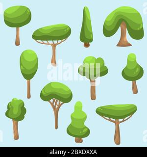 Set di 11 cartoni animati volume verdi alberi. Piante per giochi. Illustrazione Vettoriale