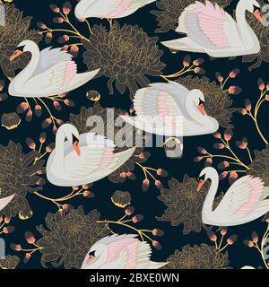 Splendido motivo naturale senza cuciture con cigni color pastello e splendidi crisantemi grandi. Illustrazione Vettoriale