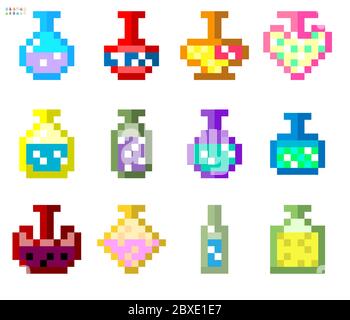 Set di pozioni indie-style in un gioco arcade indie a 8 bit. Pixel art, bottiglie con pozioni di colori diversi e riempimenti .. Illustrazione Vettoriale