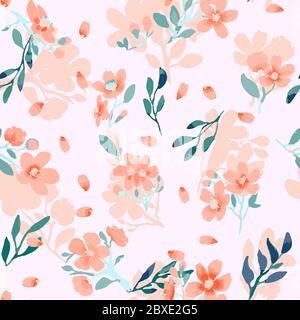 Motivo floreale senza cuciture astratto. Colori luminosi, pittura su sfondo chiaro. Fiori di ciliegio. Illustrazione Vettoriale
