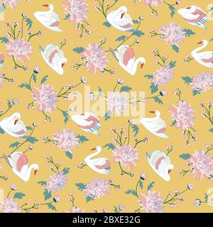 Splendido motivo naturale senza cuciture con cigni color pastello e splendidi crisantemi grandi. Illustrazione Vettoriale