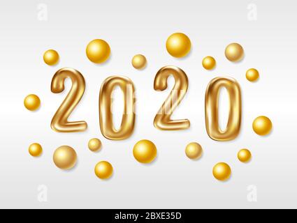 Felice anno nuovo 2020. Immagine vettoriale delle festività dei numeri metallici dorati 2020. Segno 3d realistico. Poster festivo o banner di design Illustrazione Vettoriale