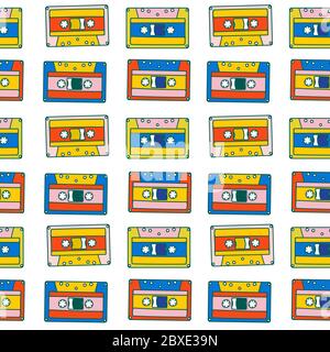 Pop art 90 è un modello senza interruzioni di cassette musicali. Colori brillanti e ricchi, sfondo musicale. Illustrazione Vettoriale