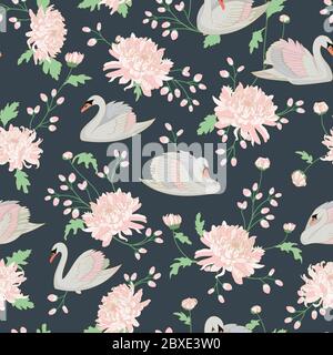 Splendido motivo naturale senza cuciture con cigni color pastello e splendidi crisantemi grandi. Illustrazione Vettoriale