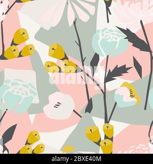 Moderno motivo astratto senza giunture con forme geometriche, fiori in fiore. Delicato sfondo rosa Illustrazione Vettoriale
