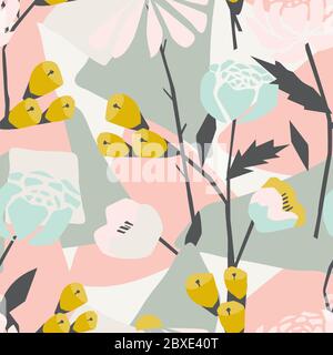 Moderno motivo astratto senza giunture con forme geometriche, fiori in fiore. Delicato sfondo rosa Illustrazione Vettoriale