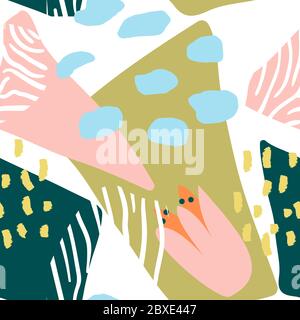 Motivo senza cuciture multicolore con elementi di foglie tropicali, elementi animali. Pelle di Figura leopardo, tigre, zebra. Collage astratto moderno. Illustrazione Vettoriale