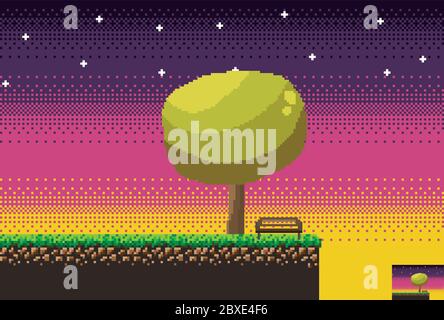 scena di gioco arcade indie a 8 bit, pausa al tramonto con un albero e una panca. Dettagli del terreno di gioco, erba, albero, panca. Illustrazione Vettoriale