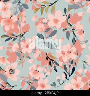 Motivo floreale senza cuciture astratto. Colori luminosi, pittura su sfondo chiaro. Fiori di ciliegio. Illustrazione Vettoriale