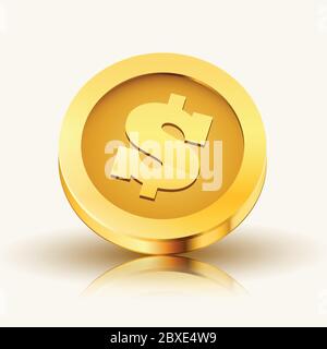 moneta d'oro 3d realistica isolata su sfondo bianco. Illustrazione vettoriale Illustrazione Vettoriale