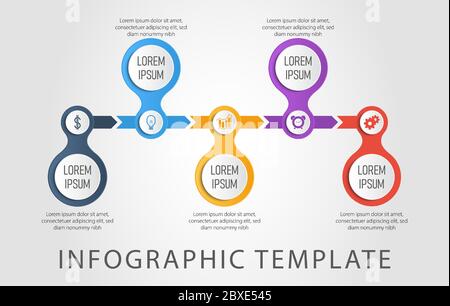 Modello infografico aziendale colorato con icona per presentazione, flusso di lavoro, processo. Illustrazione Vettoriale