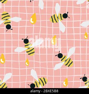 Cute motivo senza cuciture di rosa pastello delicato, con gabbia a matita irregolare e con piccole api sulla parte superiore. Le api volanti, le ali delle ali, raccolgono la corrente Illustrazione Vettoriale