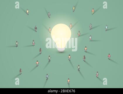 Un gruppo di persone che si trova a piedi verso una lampadina. Brainstorming, ispirazione, idea di business concept. Illustrazione vettoriale Illustrazione Vettoriale