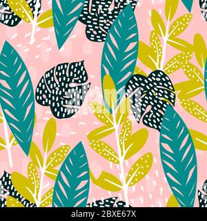 Modello esotico senza cuciture con foglie tropicali. Vettoriale sfondo disegnato a mano, brillante motivo estivo per tessuto. Illustrazione Vettoriale