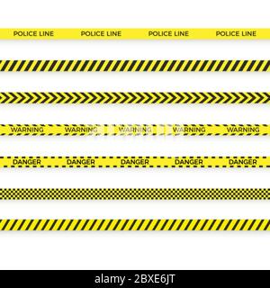 Set di nastro giallo polizia. Zona di pericolo con barriera di linea. Striscia di avvertenza. Vettore Illustrazione Vettoriale