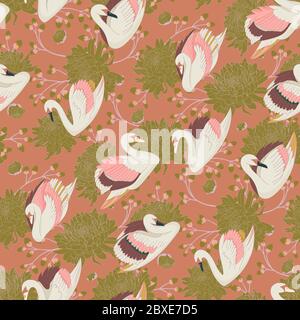 Splendido motivo naturale senza cuciture con cigni color pastello e splendidi crisantemi grandi. Illustrazione Vettoriale