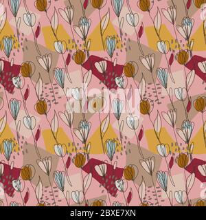 collage moderno, motivo senza cuciture con una linea di fiori. Tulipano fiorisce Illustrazione Vettoriale