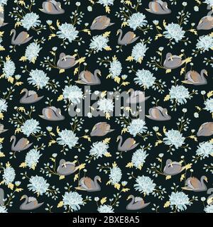 Splendido motivo naturale senza cuciture con cigni color pastello e splendidi crisantemi grandi. Illustrazione Vettoriale