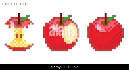 Insieme di pixel art vettoriale minimalistico fruits isolated.game 8 bit style.symbols gruppo raccolta. Mela intera, biten e stub Illustrazione Vettoriale