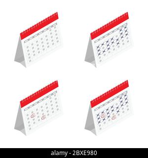 Set di icone del modello di calendario per la scrivania primaverile in piedi per mese. Illustrazione vettoriale isolata su sfondo bianco vista isometrica. Illustrazione Vettoriale