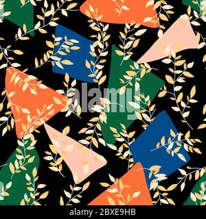 Motivo senza giunture con forme geometriche e rami con piccole foglie. Primavera d'epoca e sfondo autunnale su sfondo scuro Illustrazione Vettoriale