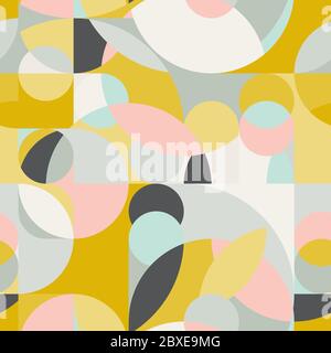 Motivo senza cuciture in stile pop geometrico anni '70. Sfondo colorato astratto. Elementi triangolari e rotondi, forme semplici. Illustrazione Vettoriale
