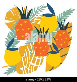 Sfondo luminoso e succoso da forme astratte, frutta, limoni di agrumi, arance e anani. Colori moderni e luminosi di sfondo tropicale. Illustrazione Vettoriale