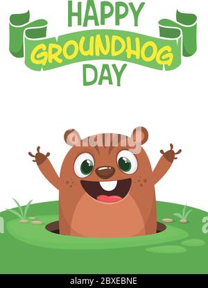 Cartoon cute marmotta guardando fuori da un buco. Illustrazione vettoriale. Poster o cartolina di invito del partito con tipografia di scrittura per il giorno felice del groundhog Illustrazione Vettoriale