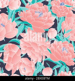 Bella motivo senza cuciture con peonie, ornamento floreale orientale per tessuti, piastrelle, carta. Fiori rosa autunno Illustrazione Vettoriale
