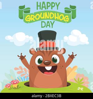 Cartoon marmotta groundhog in cappello grande. Illustrazione vettoriale. Giorno di Groundhog. Poster o cartolina con tipografia scritta Illustrazione Vettoriale