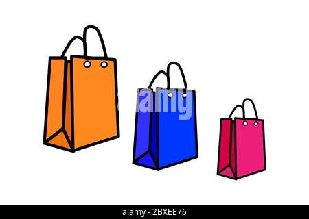 Set di borse colorate vuote isolate su sfondo bianco. Icona Set di borse per la spesa in carta. Pacchetto per acquisti per un negozio online. Vettore stock Illustrazione Vettoriale