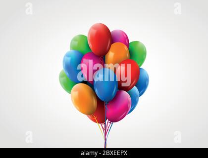 3d realistico colorful mazzo di palloncini volanti di compleanno. Concetto di festa e celebrazione. Illustrazione vettoriale. Illustrazione Vettoriale
