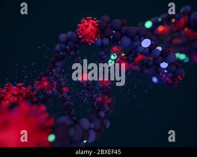 Covid-19. Coronavirus respiratorio patogeno influenza 2019-ncov. Virus attacca il DNA. Rendering 3D Foto Stock