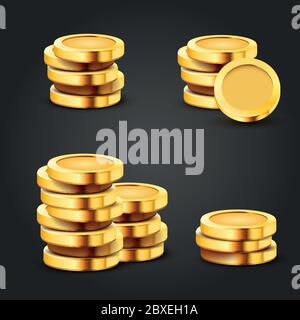 Insieme di monete in oro stack dollaro isolato su sfondo scuro. Concetto di economia. Illustrazione vettoriale Illustrazione Vettoriale