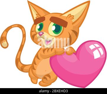 Cartone animato divertente gattino che tiene un amore cuore. Illustrazione vettoriale per San Valentino. Isolato Illustrazione Vettoriale