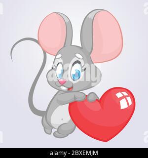 Cartoon carino mouse che tiene un cuore d'amore. Illustrazione vettoriale per San Valentino. Isolato Illustrazione Vettoriale