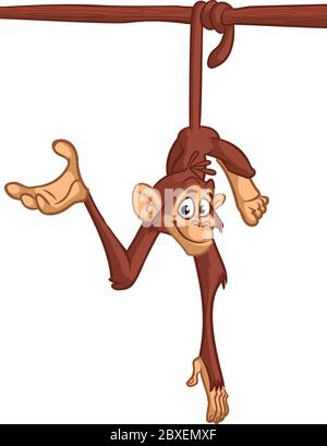 Scimmia cartone animato divertente appendere l'albero e presentare. Illustrazione vettoriale Illustrazione Vettoriale