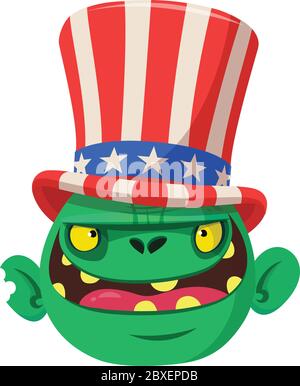 Carino mostro di cartoni animati verde con cappello zio Sam. Personaggio di design per l'American Independence Day. Illustrazione vettoriale per la stampa o la decorazione Illustrazione Vettoriale