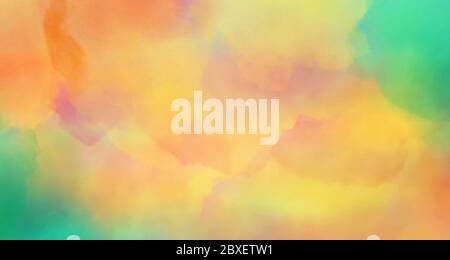 Colorato sfondo acquerello di astratto cielo tramonto con nuvole soffici in colori di tramonto luminoso oro rosa verde blu giallo e arancione Foto Stock