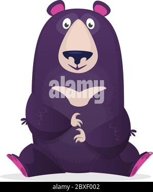 Felice compleanno saluti cartoon stile cartolina. Immagine vettoriale di un orso che tiene un pallone rosso per celebrare la vacanza Illustrazione Vettoriale