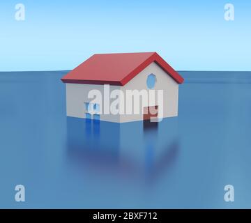 casa di inondazione con acqua in aumento. rendering 3d Foto Stock