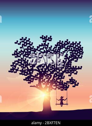 Ragazza su un'oscillazione sotto un albero grande a tramonto vettore illustrazione EPS10 Illustrazione Vettoriale