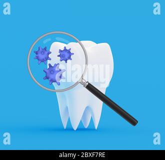 Dente con batterie astratte sotto una lente di ingrandimento. Concetto di pulizia dei denti. illustrazione 3d Foto Stock