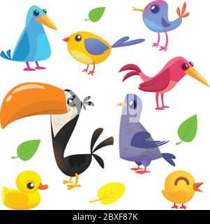 Carino cartoon uccelli raccolta. Set di cartoni animati di uccelli colorati. Illustrazione vettoriale Illustrazione Vettoriale